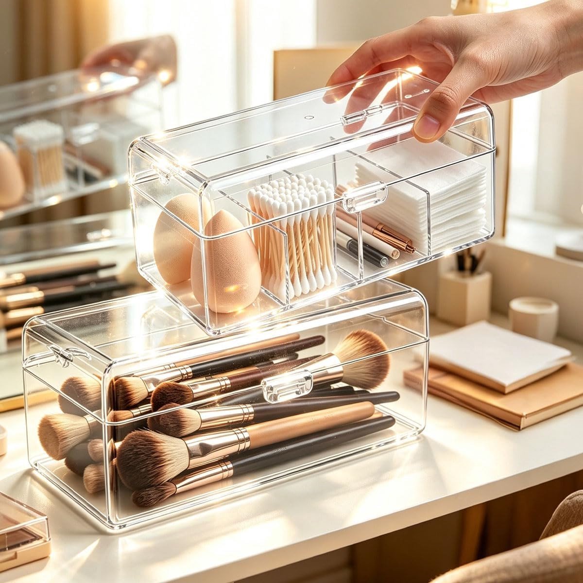 Transparante make-up organizer set van 2, stapelbare rechthoekige opbergdozen voor cosmetica, 19,3 x 10 x 7,5 cm, ideaal voor badkamer en toilettas