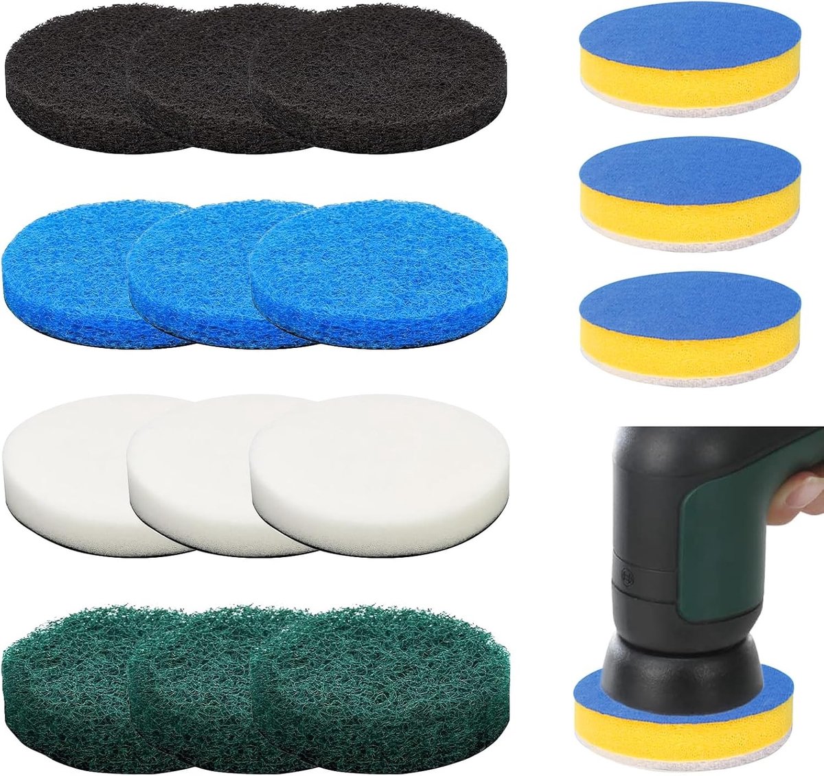 Set van 15 Universele Reinigingspads voor Borstels - Geschikt voor Huishoudelijk en Tuin Gebruik, Inclusief Microvezel, Schuim en Keuken Pads