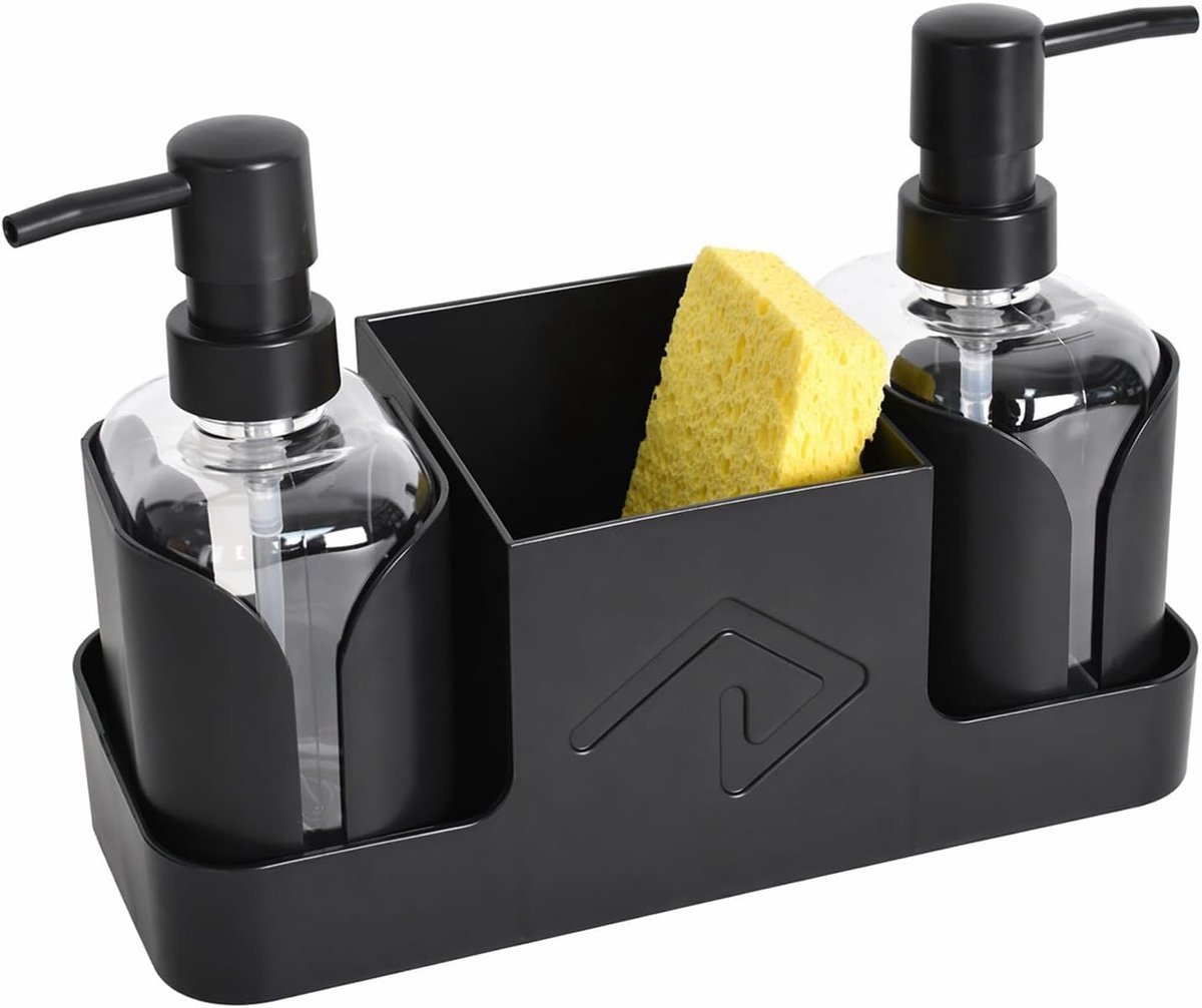 Navulbare afwasmiddeldispenser en spoelbakorganizer van ABS voor gootsteen en werkblad, ideaal voor keukenopslag en afwasgemak
