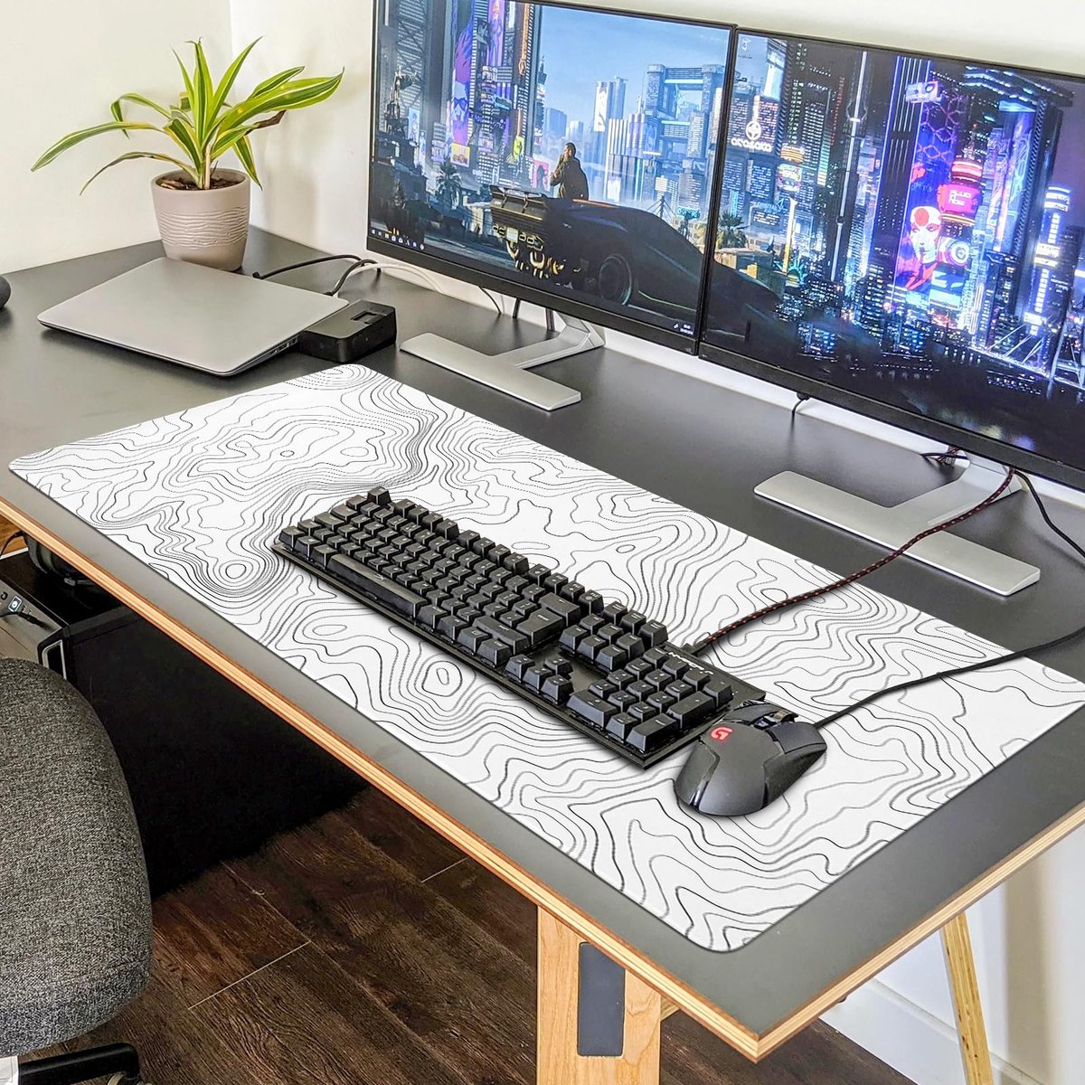 SnelShoppen - Zindoo XXL Muismat 900 x 400 mm Antislip Rubberen Basis Topografisch Wit voor Gaming en Kantooraccessoires