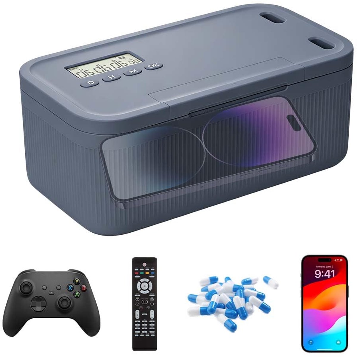 SnelShoppen - Box met timer en veilige vergrendeling voor kinderen, 23,9 x 13,1 x 9,6 cm, blauwgrijs, ideaal voor thuisgebruik, camping, feest of tuin