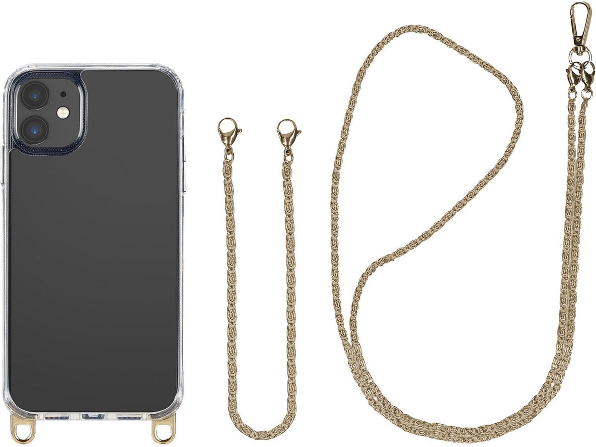 Selencia Transparant Hoesje met Haakjes inclusief Telefoonketting - Geschikt voor Apple iPhone 11 - Goud