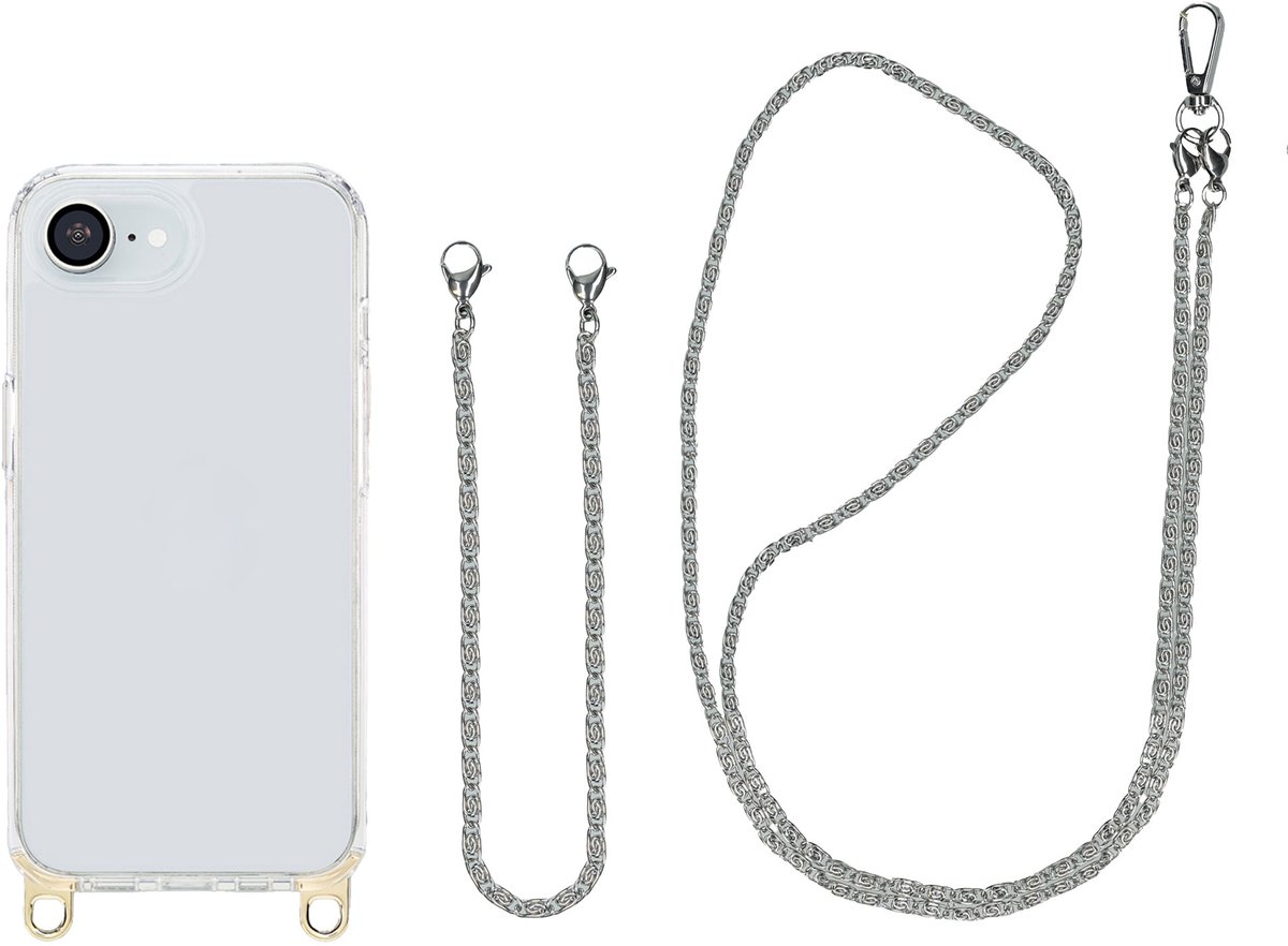 Selencia Transparant Hoesje met Haakjes inclusief Telefoonketting - Geschikt voor Apple iPhone 17e / 16e - Zilver