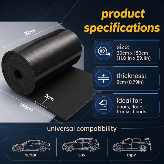 Isolatiemat voor auto, 20 mm dik, 150 x 30 cm, geluidsisolatie, zelfklevend en waterdicht, ideaal voor geluidsdemping en thermische isolatie — afbeelding 3