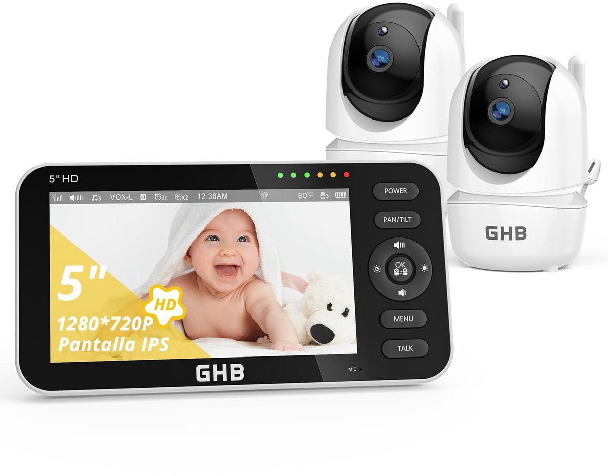 SnelShoppen - Babyfoon met 2 Camera's, 5 Inch HD-display, 720P, 168 Uur Batterijduur, VOX-slaapmodus, Nachtzicht, 4x Zoom, Draaibaar, Split-Screen, Ge