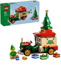 LEGO Santa's Delivery Truck met elf, kerstboom en cadeautjes. Rode en groene truck met 'POST NORTH POLE' opdruk.