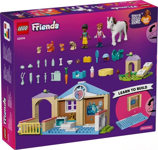 Boîte de la clinique vétérinaire LEGO Friends avec figurines, animaux, accessoires et instructions de montage.