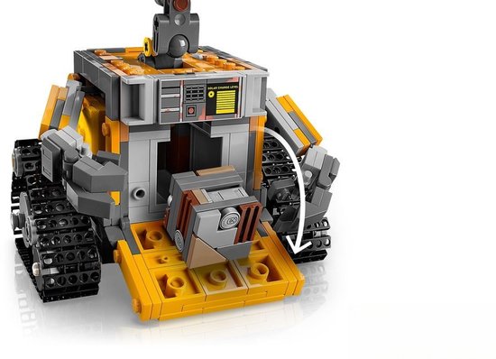 Robot LEGO WALL-E avec compartiment ouvert et une petite boîte à l'intérieur.