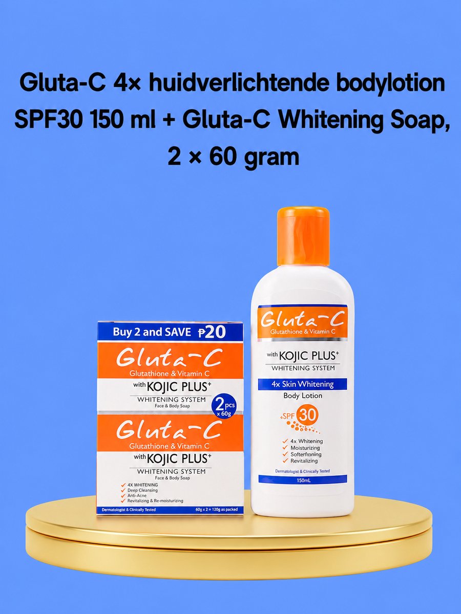 Gluta-C 4×150 ml Skin Lightening Body Lotion SPF 30 + 2×60 g Gluta-C Whitening Soap – Verhelderende & Hydraterende Set – Verminderde Donkere Vlekken, Egaliseert de Huidtint & Beschermt de Huid – Voor een Gladde, Stralende & Gezonde Huid