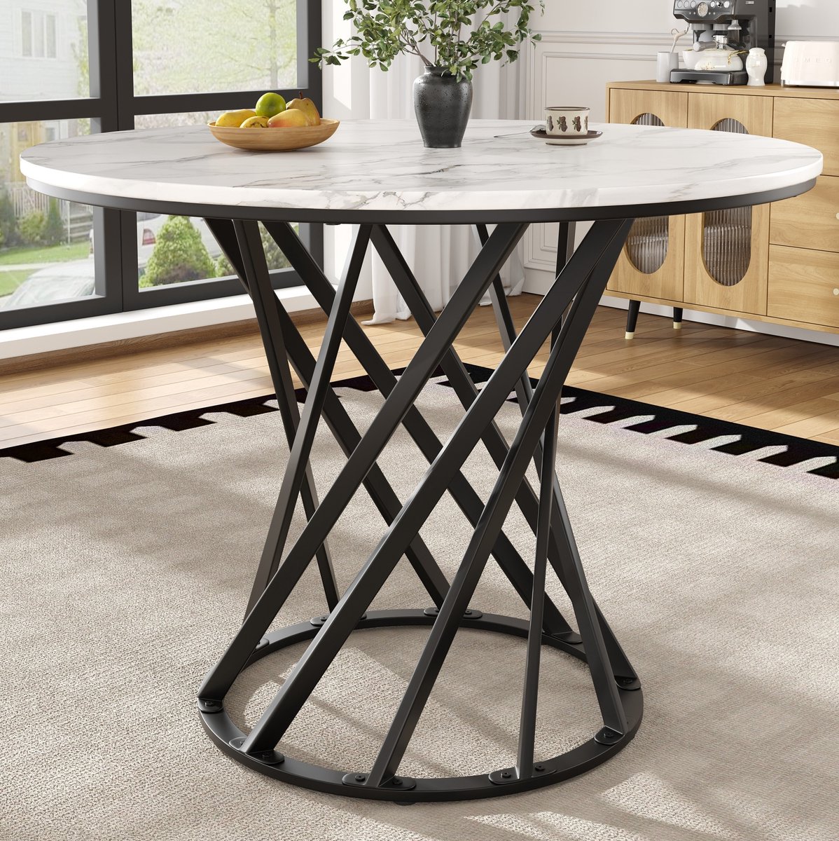 MEUNIQ ronde eettafel 80 x 80 x 76 cm met MDF marmerlook tafelblad, metalen tafelpoten en verstelbare pootjes, eettafel voor 4 personen voor eetkamer of woonkamer Zwart