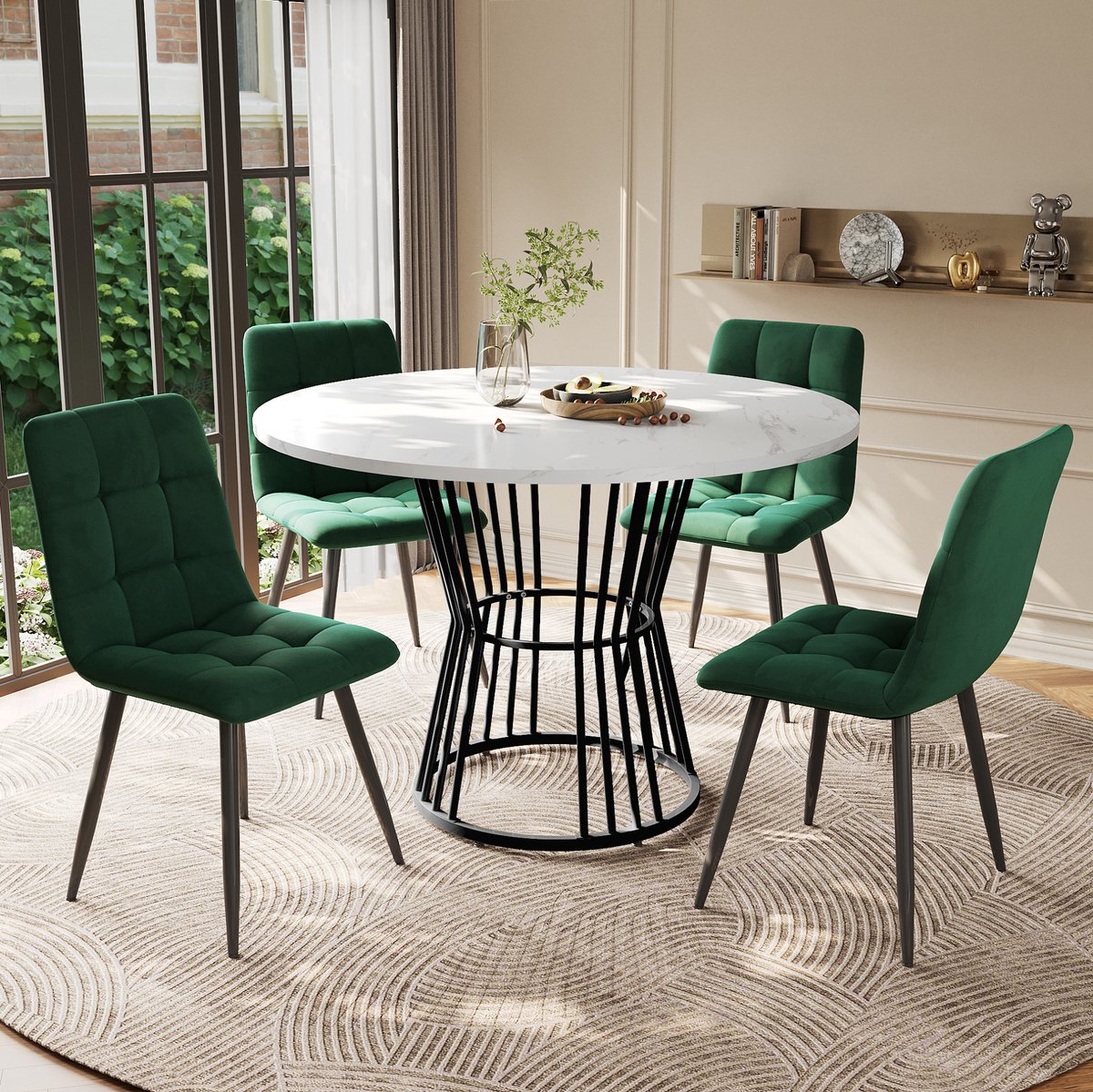 MEUNIQ 5-delige eettafelset met ronde eettafel 100 cm en 4 fluwelen stoelen, wit MDF tafelblad met marmereffect, zwarte metalen poten, voor eetkamer of keuken