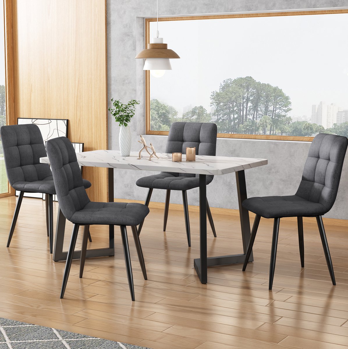 MEUNIQ Eetkamerstoelen set van 4 donkergrijs, gestoffeerde normale eetkamerstoel met metalen onderstel, hoge rugleuning en sierstiksels voor eetkamer of keuken