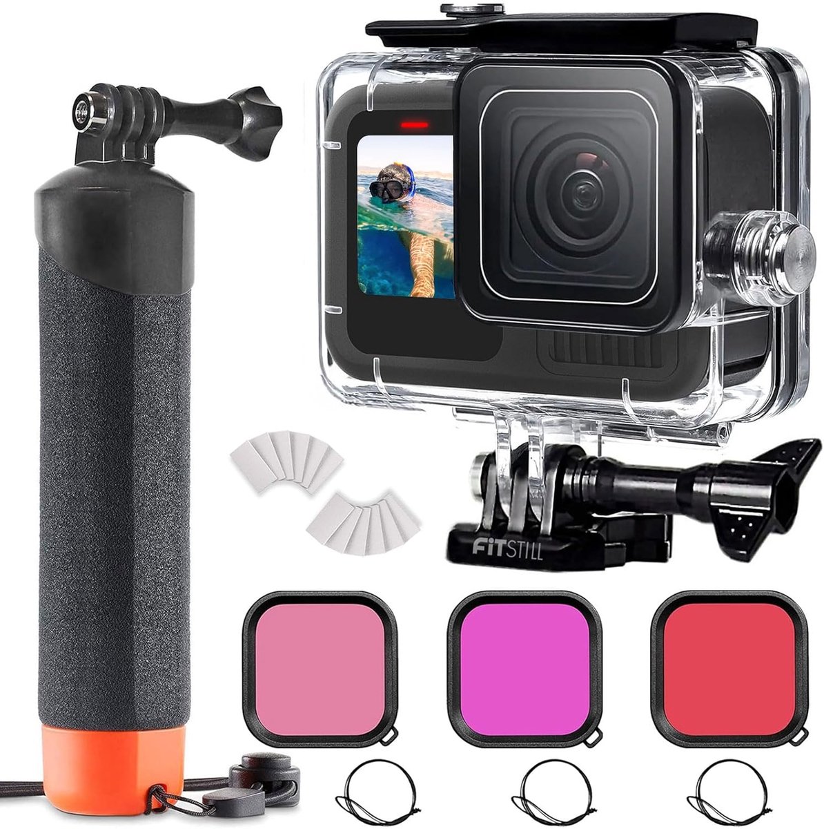 SnelShoppen - Waterproof Onderwater Behuizing voor GoPro Hero 13/12/11/10/9 Black met Duikfilters, Drijvende Handgreep & Accessoireset - 60M/196FT Dui