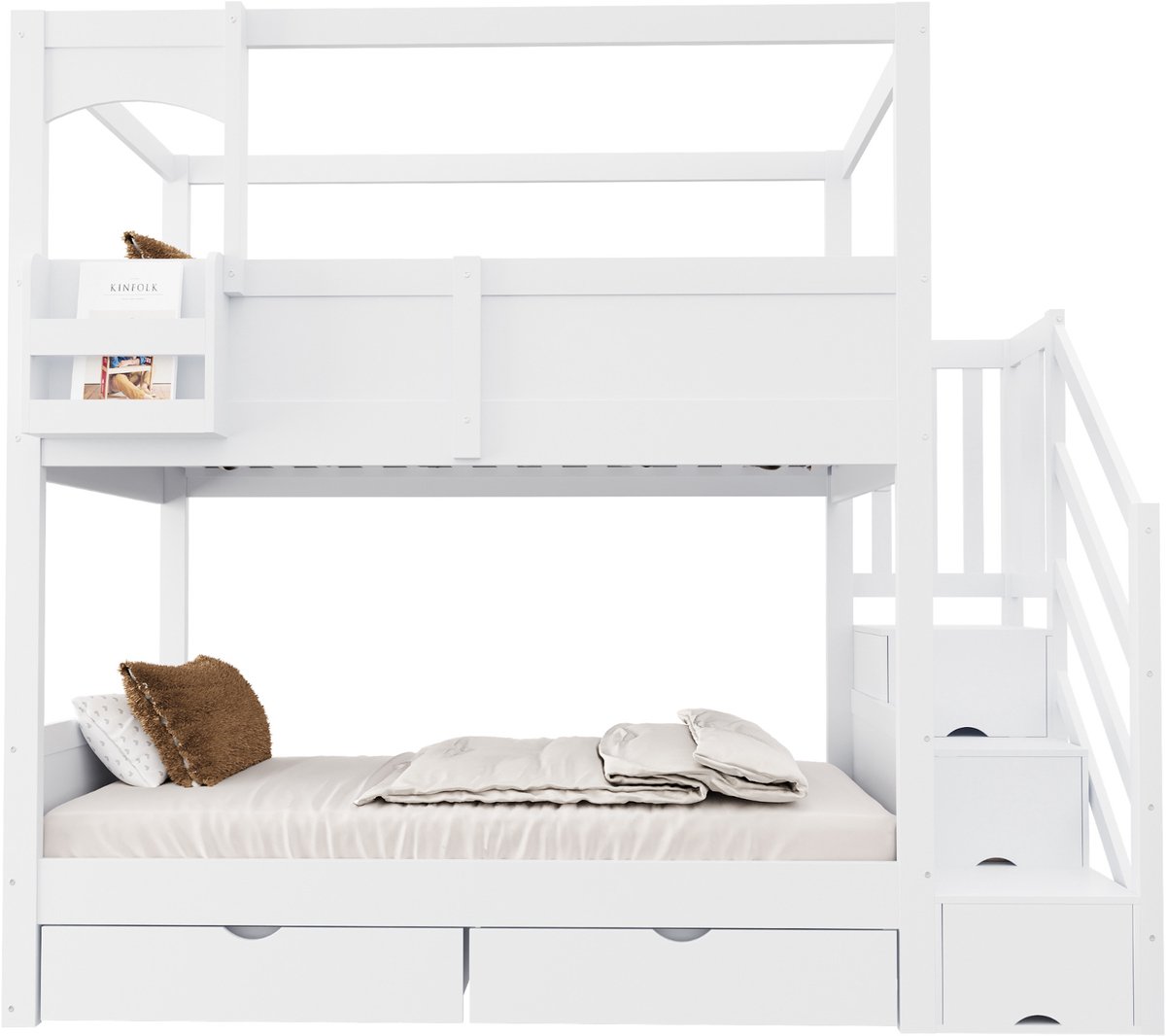 OKWISH Stapelbed 90x200 cm - Huisdesign Met Flexibele Plank En Krijtbord - Opbergtrap En 2 Laden - Kinderkamer - Hout - Wit - Zonder Matras