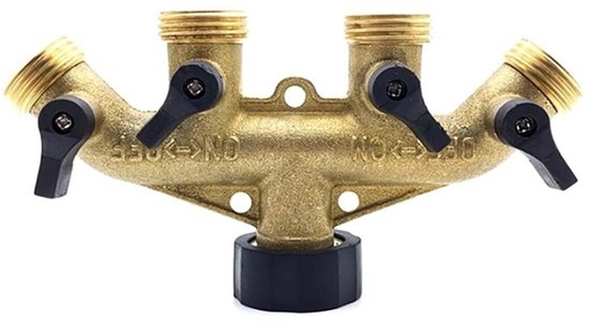 Slang Splitter 4-weg Heavy Duty - Tuinslang Verdeler - Slangaansluiting 3/4 inch - Kogelkleppen - Messing - Waterdicht - Tuinslangverdeler