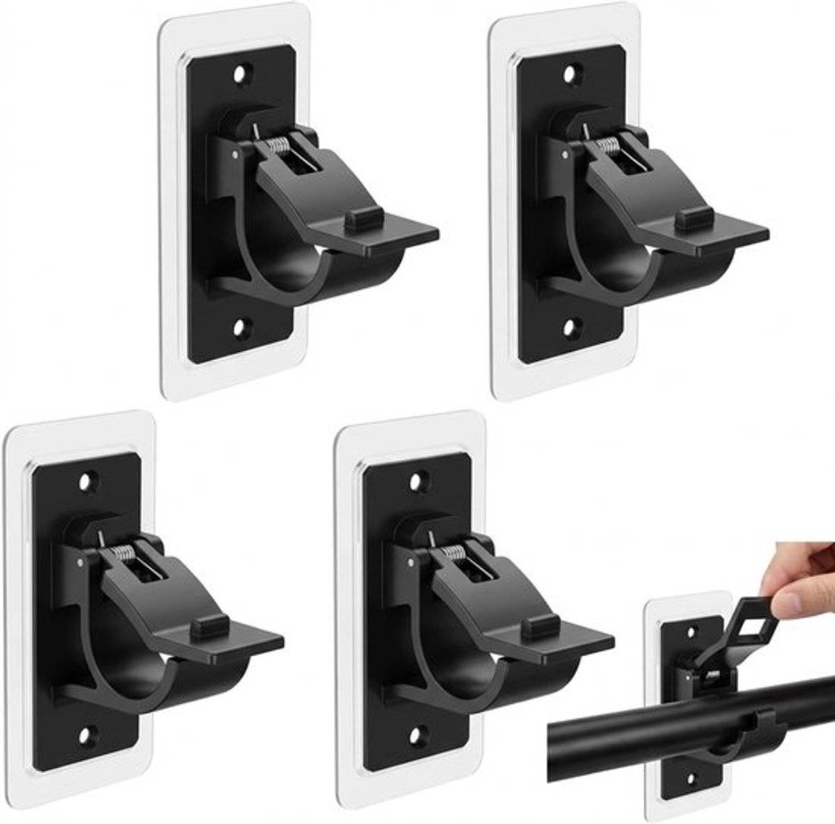 SnelShoppen - Set van 4 Zelfklevende Gordijnroede Beugels zonder Boren, Aanpasbare Plakbeugels voor Woonkamer, Slaapkamer, Badkamer - Zwart, Stijlvol