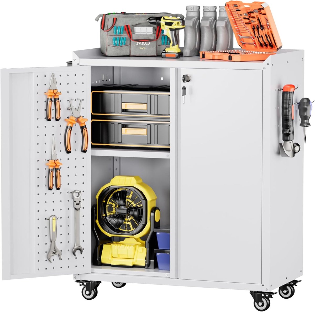 SnelShoppen - Lockable Metal Tool Cabinet with Wheels, Pegboard, 87x66x35 cm, Garage Storage, White, Perfect for Home, Workshops & Small Spaces