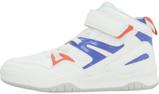 Zijaanzicht van witte Geox hoge sneaker met blauwe en oranje details.