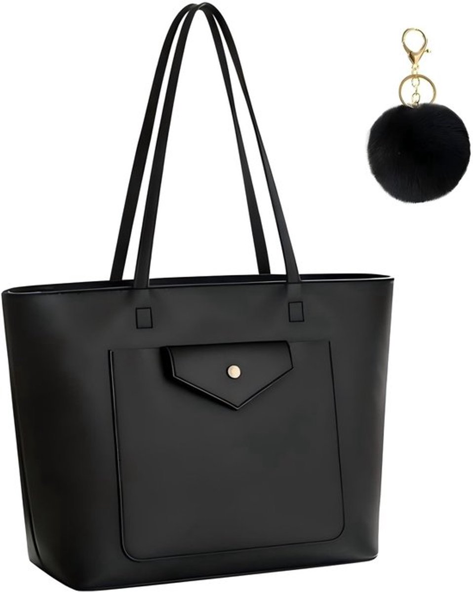 Dames Zwarte Handtas, Grote Tote Bag van PVC Leer met Rits