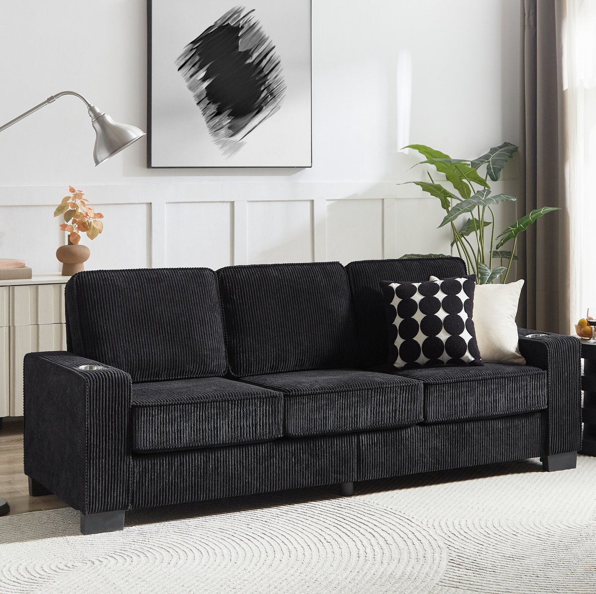 Wishdor Bank - 3-zits bank met drinkhouders - Modern design - voor woonkamer, slaapkamer en kantoor - corduroy - zwart - 206 cm
