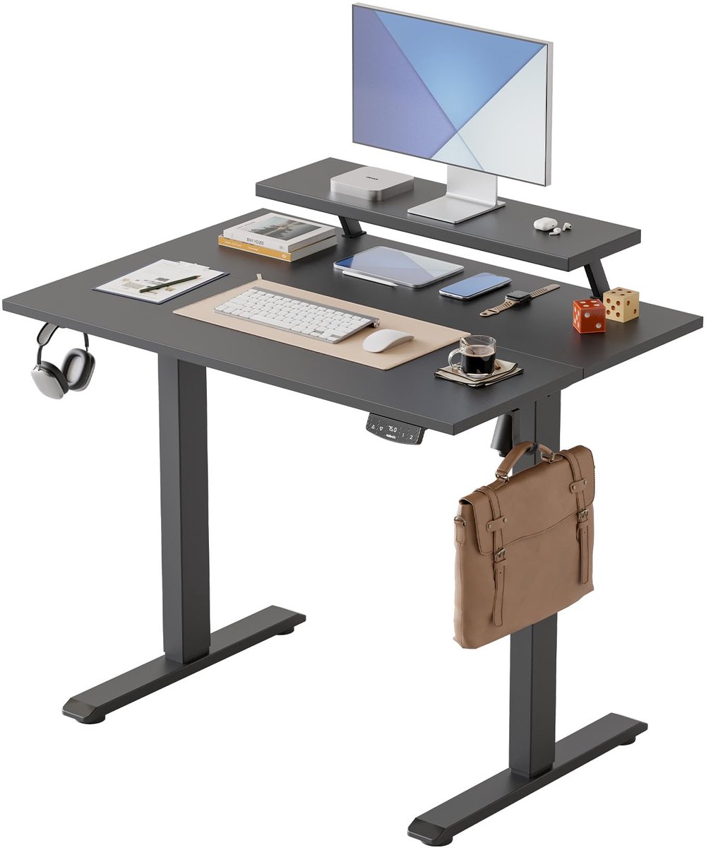 SnelShoppen - Elektrisch in Hoogte Verstelbaar Bureau 100 x 60 cm met Beweegbare Monitorstandaard - Sta-Bureau met 2 Geheugentoetsen - 2-delig Tafelbl