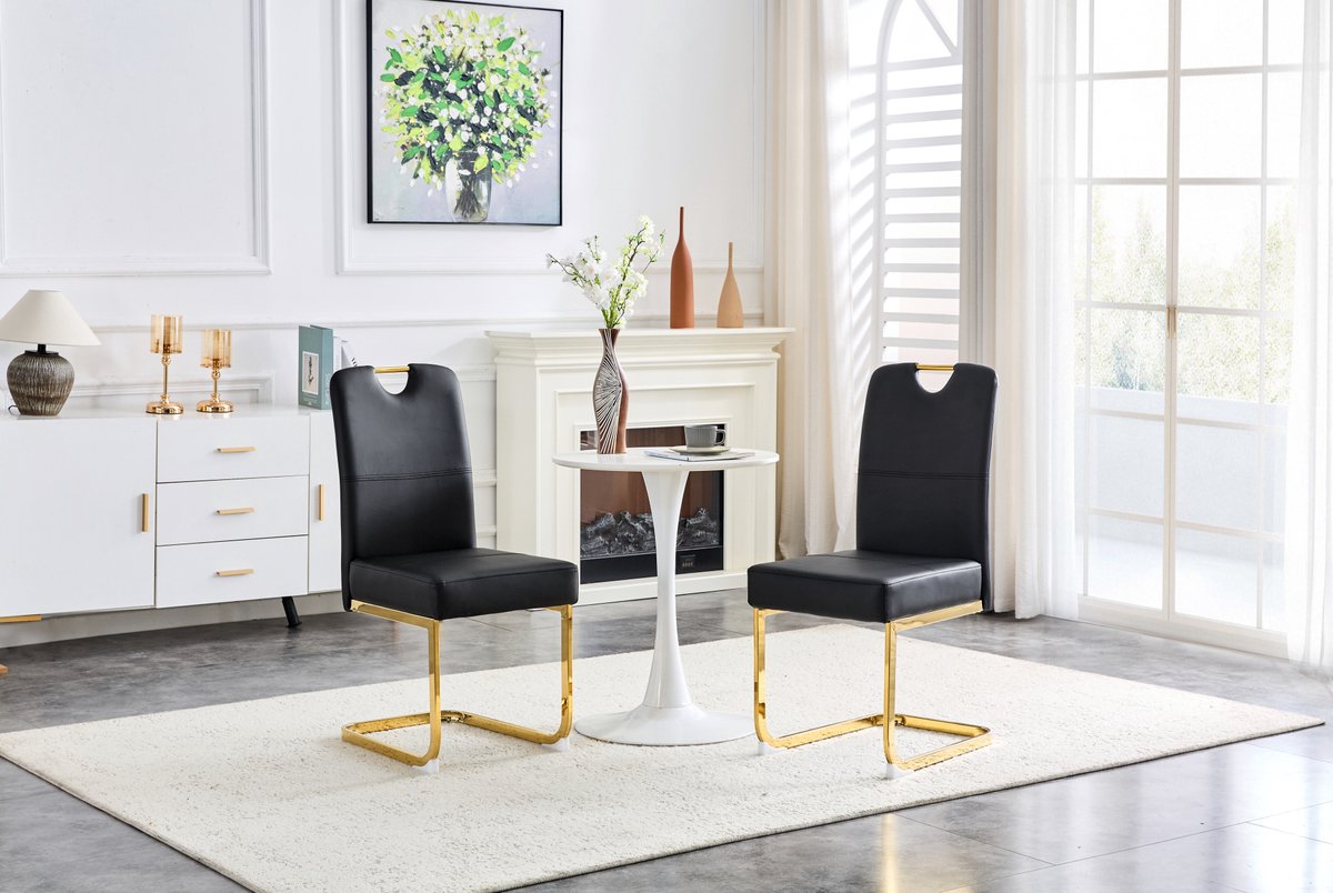 MEUNIQ Set van 2 zwarte eetkamerstoelen met metalen onderstel, ergonomische rugleuning en gewatteerde zitting voor eetkamer, werkkamer en kantoor
