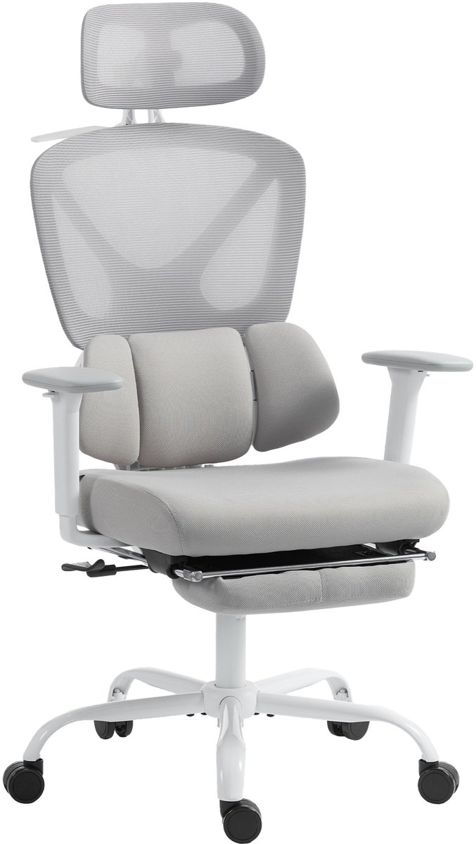 ECTEATOY® Ergonomische Bureaustoel met Dynamische Lendensteun - Kantoorstoel met Voetensteun - 3D Armleuningen - 73x75x120-128cm - Grijs