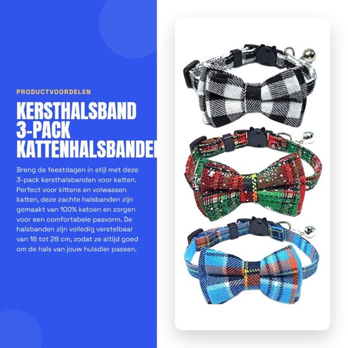 Kersthalsband 3-Pack - Verstelbaar 18-28 cm - Veiligheidssluiting - Zacht Katoen - Met Bel en Strik - Comfortabele Halsbanden - Kattenhalsband