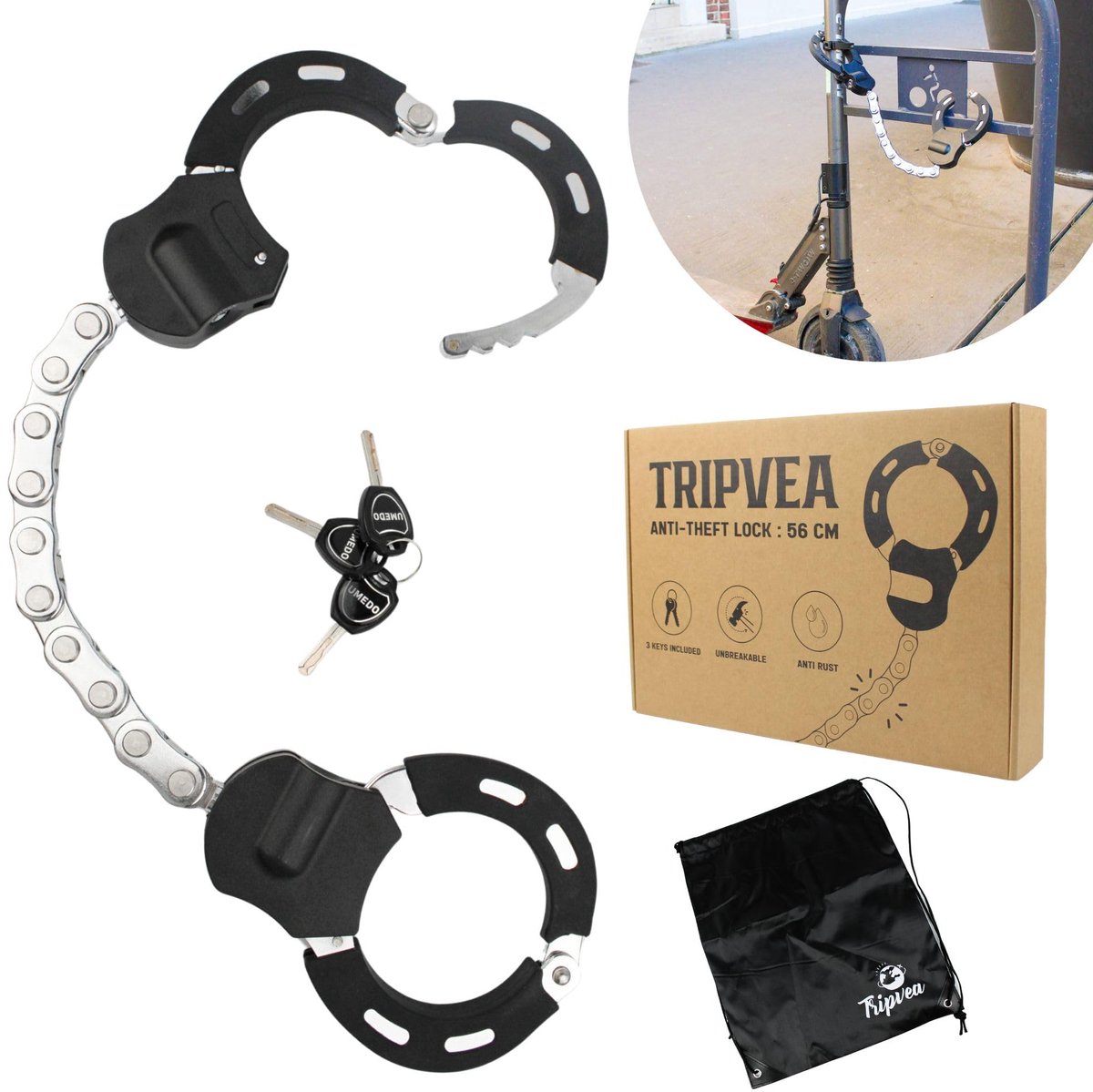 SnelShoppen - Diefstalbeveiliging voor Elektrische Scooter, Fiets, Kinderwagen - Hoogwaardige Hangslot met Handboeien, Keten 10 Schakels, 56 cm Lang,