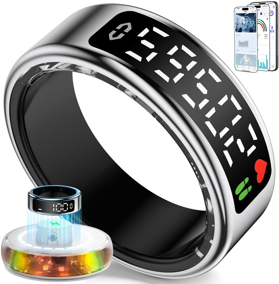 SnelShoppen - Gulemfy Smart Ring voor Heren en Dames, Slimme Fitnessring met LED-Display, IP68 Waterdicht, Hartslag/SpO2/Slaaptracker voor Android en