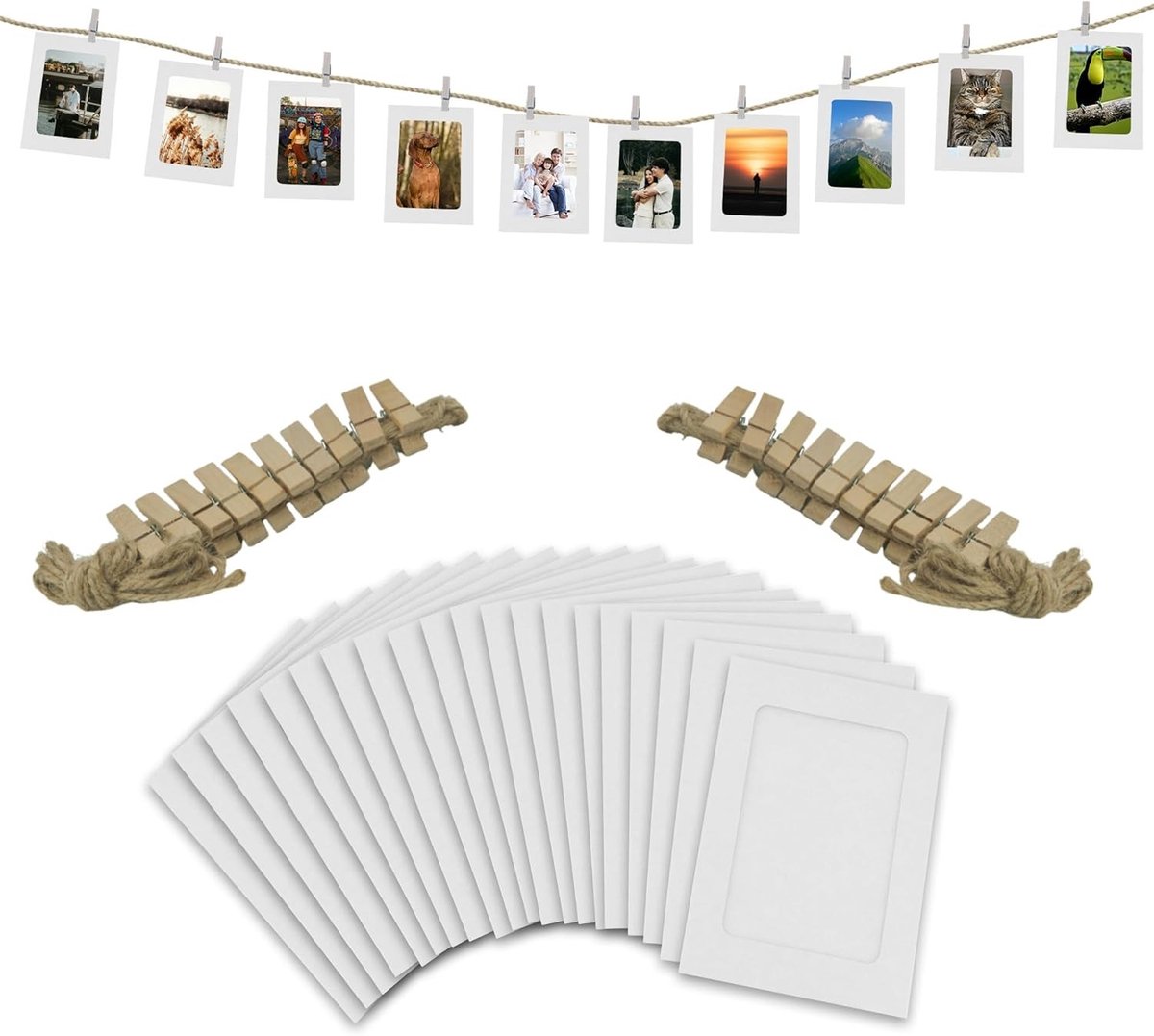 20 witte kartonnen fotolijsten met hangkoord en houten palen voor foto banners, fotowanden
