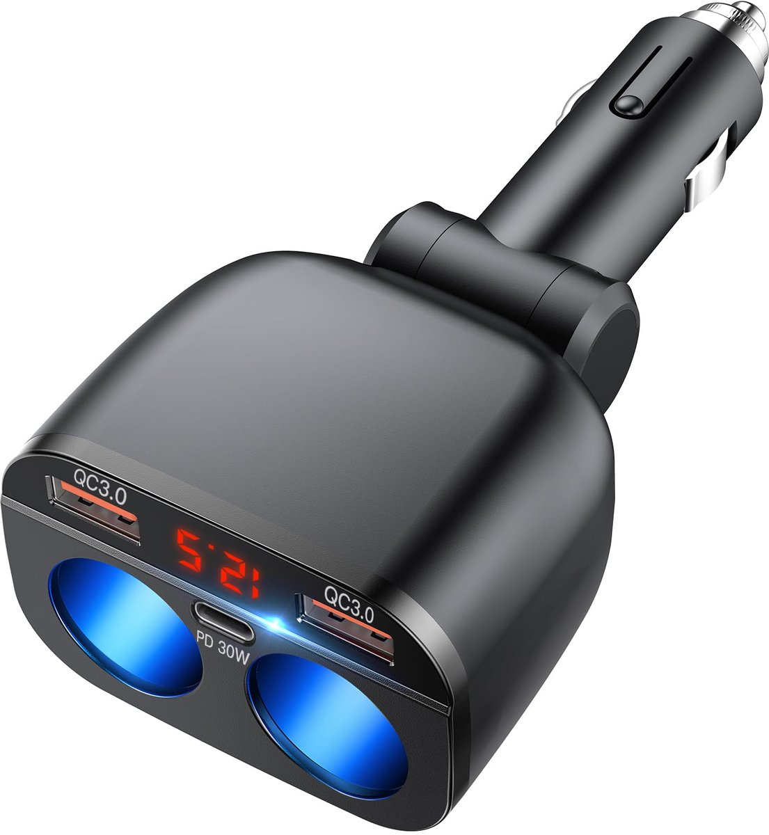 SnelShoppen - OOWOLF Sigarettenaansteker, 5-in-1 Auto Oplader, 12V Adapter Splitter met USB C, 2-voudig Stopcontact, DC 80W, LED Voltmeter Schakelaar,