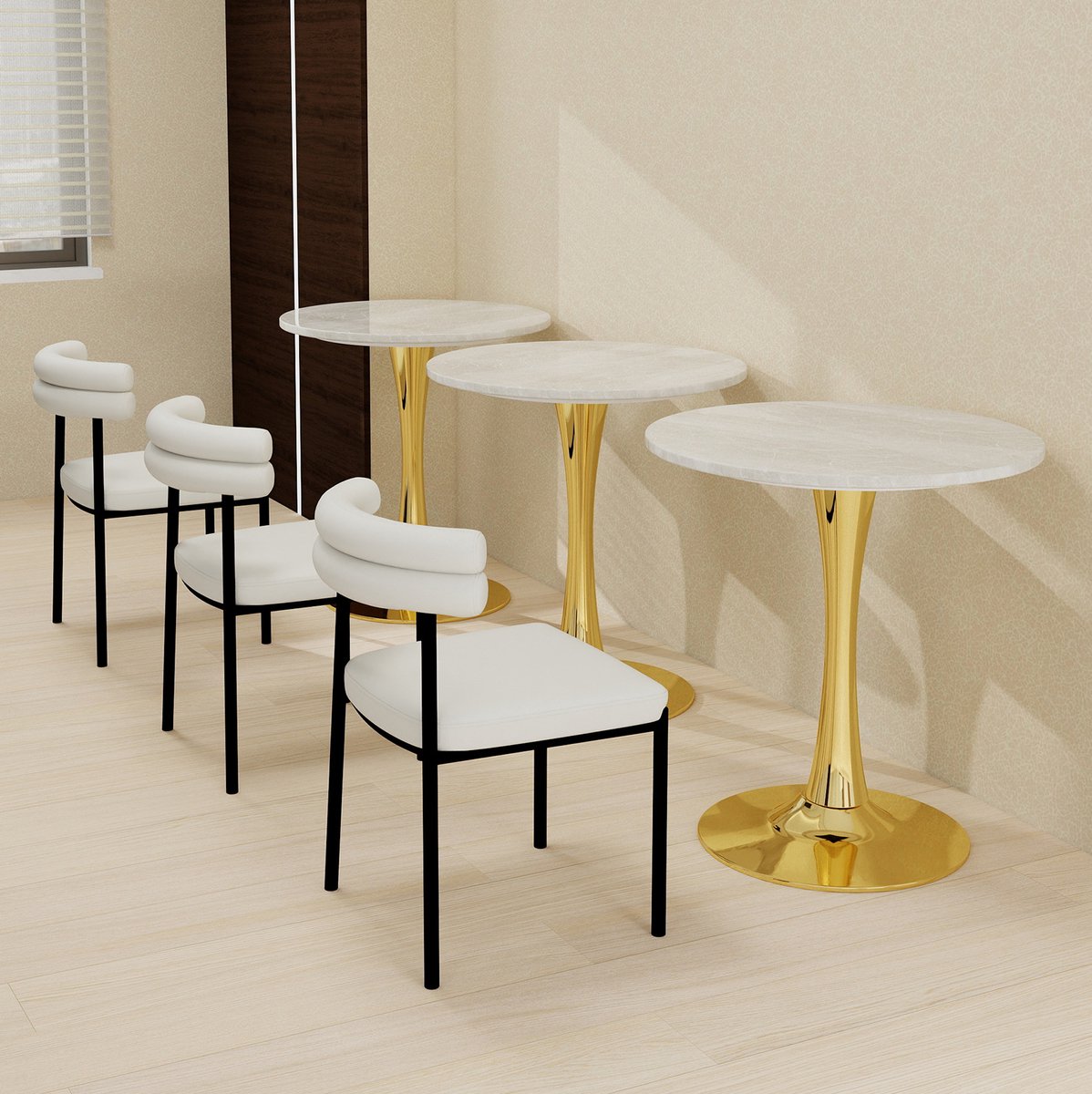 MEUNIQ ronde salontafel 70 x 70 x 72 cm met wit marmerlook tafelblad en gouden voet, moderne tafel voor woonkamer, bijzettafel of extra tafel in eetkamer