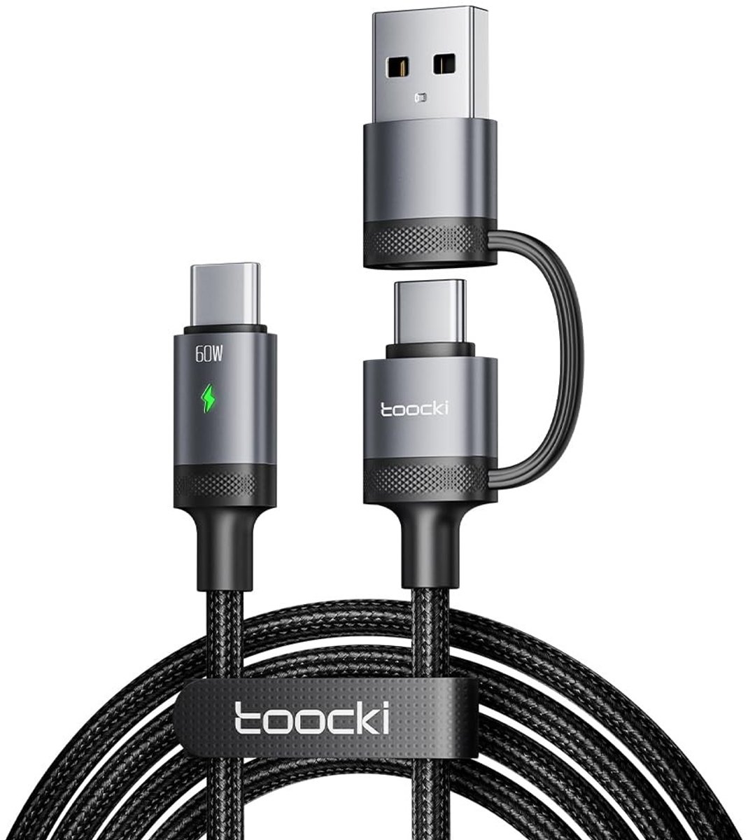 2-in-1 USB-C naar USB-C Kabel 1.2M, 60W met USB-A Adapter, Snelladen, Gevlochten Nylon Kabel voor iPhone 15/16/17, MacBook, iPad en Galaxy S25/S24
