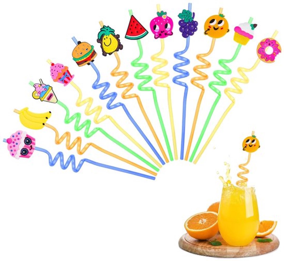 Kinderrietjes 12 Stuks - Herbruikbare Plastic Rietjes - Krullende Rietjes - Kleurrijke Fruitrietjes - Feestrietjes - Decoraties voor Verjaardag/Kerstmis