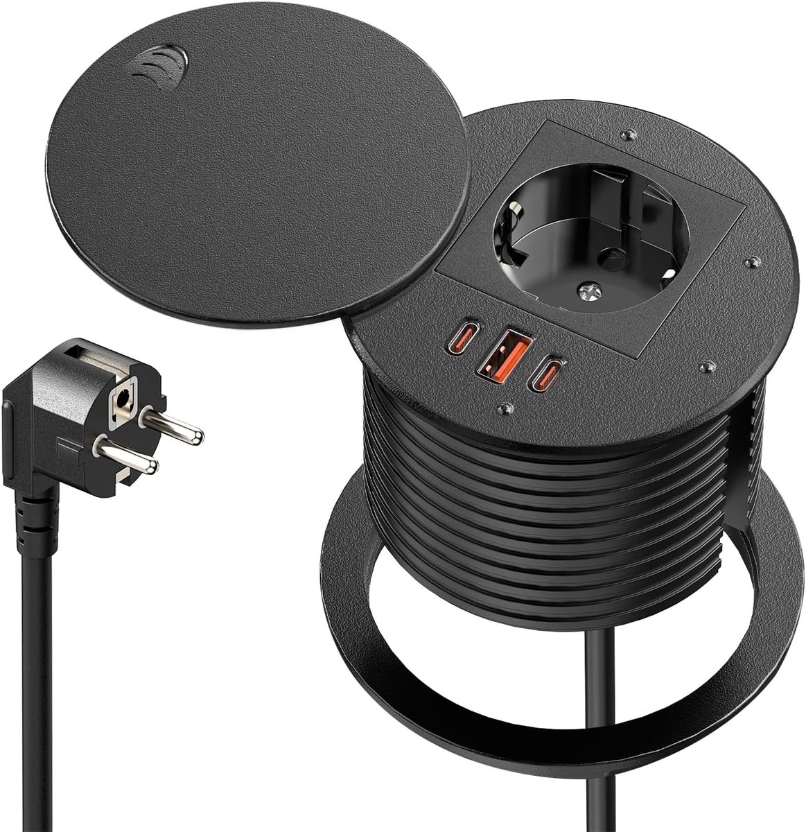SnelShoppen - Inbouwstopcontact met 2x USB-C PD 35W, 1x USB-A QC30W, 1 stopcontact, Rotating Dust Cover, Ø80mm, Zwart, Desk & Keuken