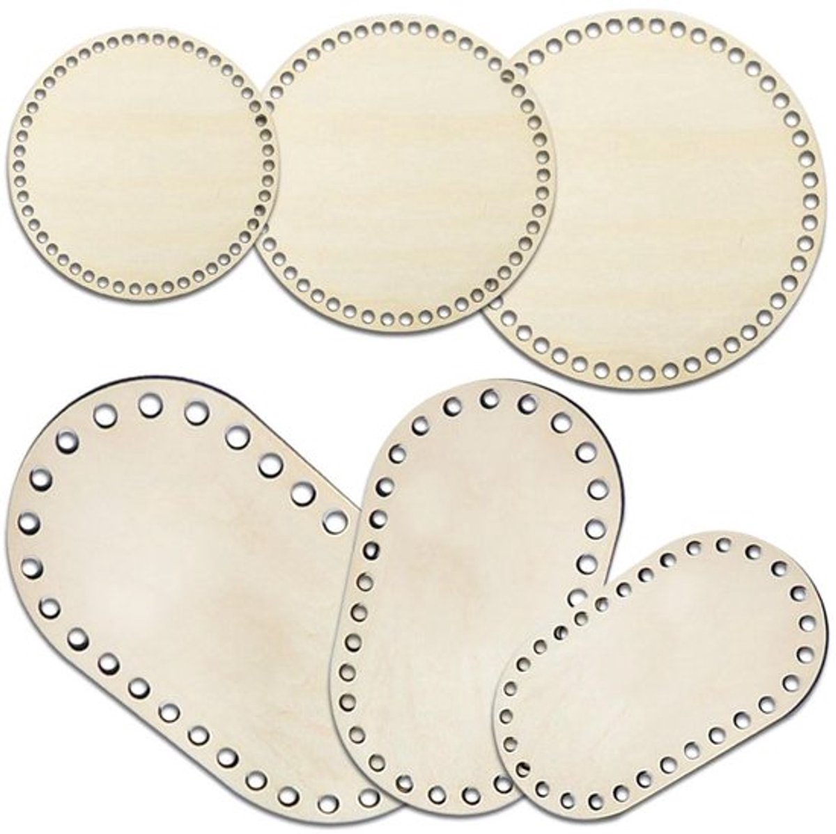 Mandbodem Robuust en Duurzaam - Houten Mandbodem - Rond/Ovaal - 3 Stuks (10/15/20 cm) - Met Gat voor Breien - Retro en Elegant