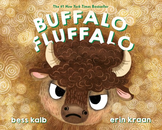 Boekcover met de titel "Buffalo Fluffalo" in witte letters, met een tekening van een norse buffelkop. Onderaan staat "bess kalb" en "erin kraan".