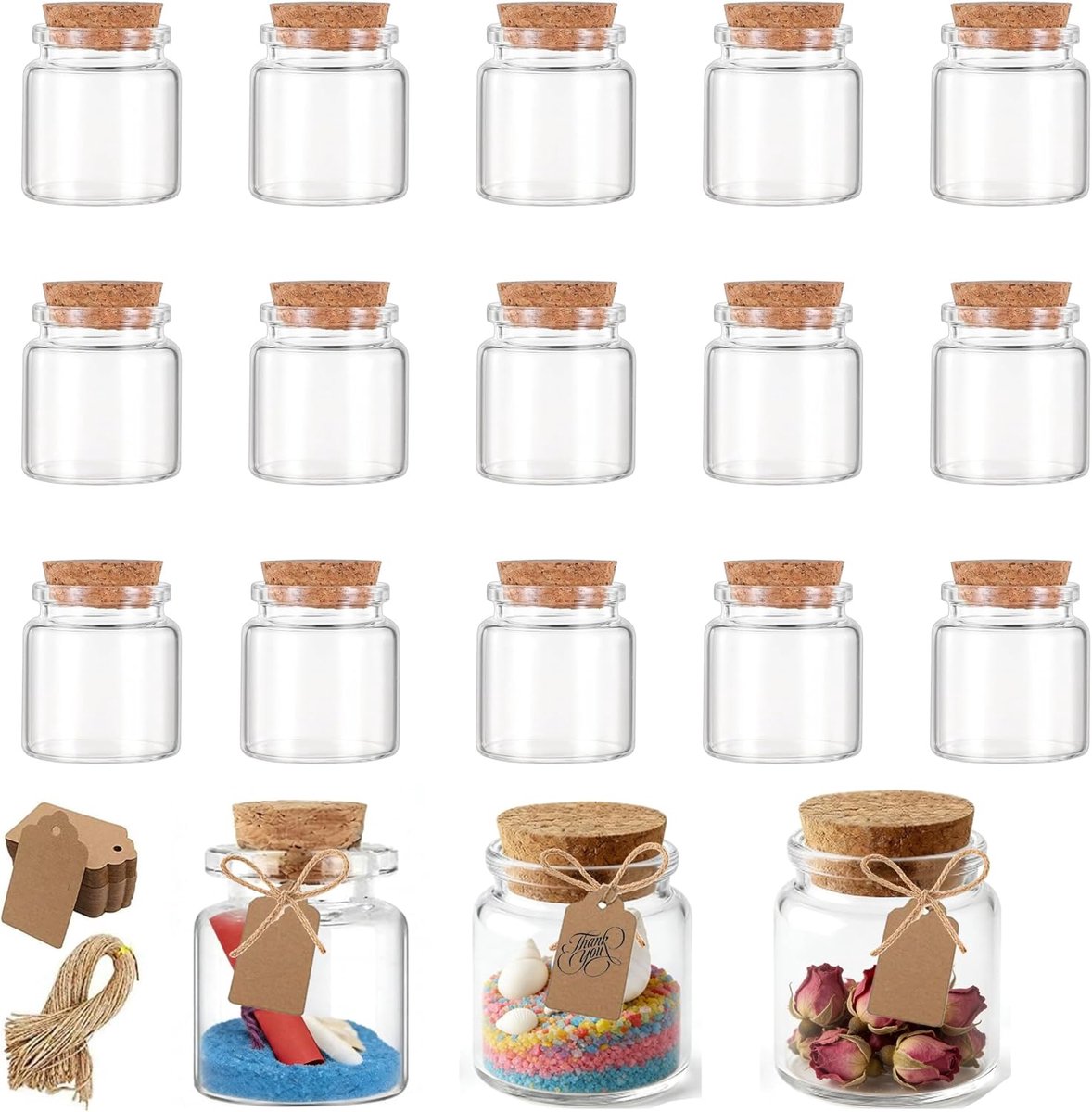 SnelShoppen - 15 stuks 50 ml glazen mini-flessen met kurk, kruidenpotjes, inmaakpotten, wensflessen voor bruiloft, feestdecoratie, DIY, ambachtelijk,