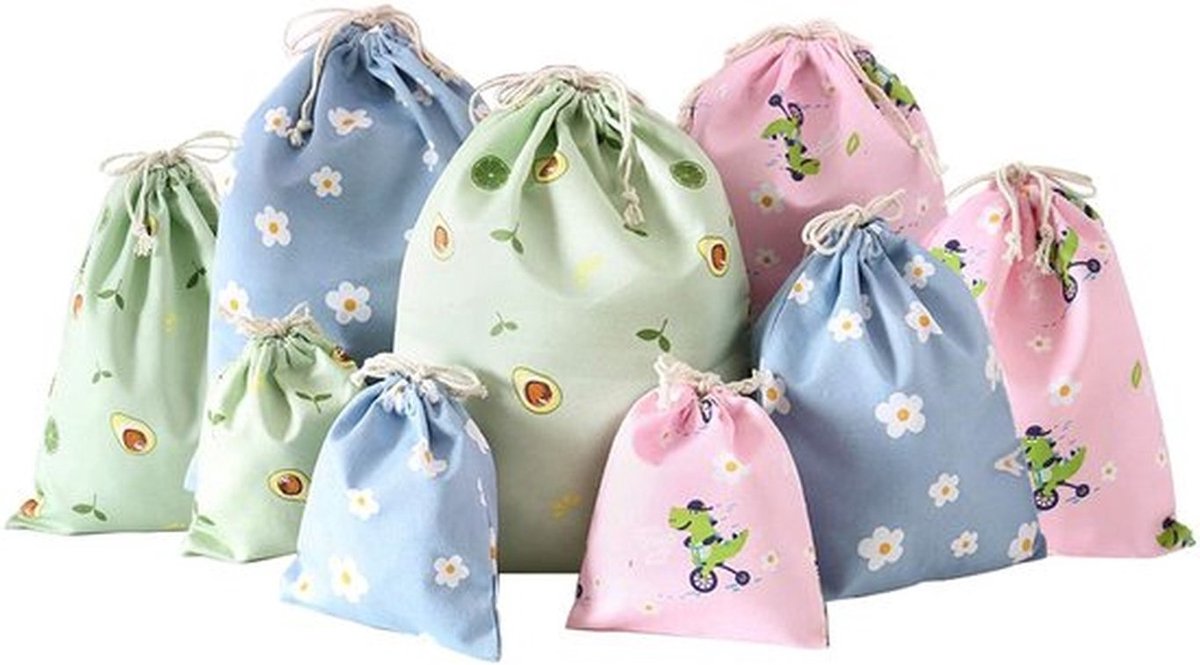 Trekkoordzakken 9-Pack - Opbergtas voor Kleding/Sokken - Ademend/Katoen - Reusable - Reis/Verjaardagsfeest - 3 Maten 25x32cm/20x24cm/13x15cm - Opbergzakken
