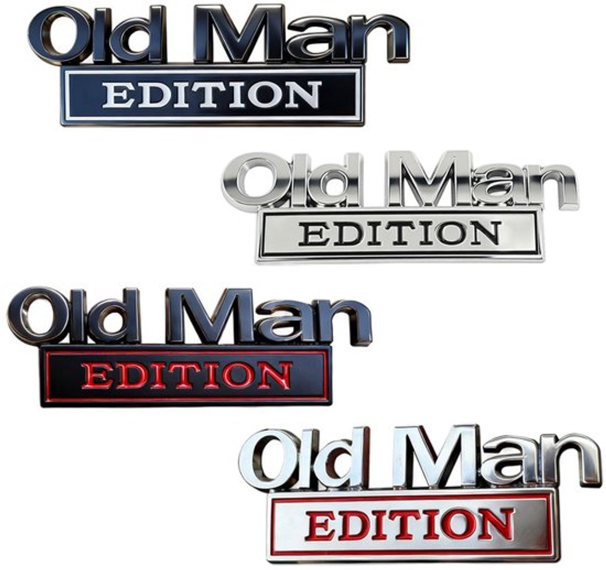 Old Man Edition Auto-embleem, 4 stuks 3D-metalen stickers, autostickers voor mannen, grappige editie, bumpersticker, autosticker, grappige voor spatbord, bumper, naamplaatje