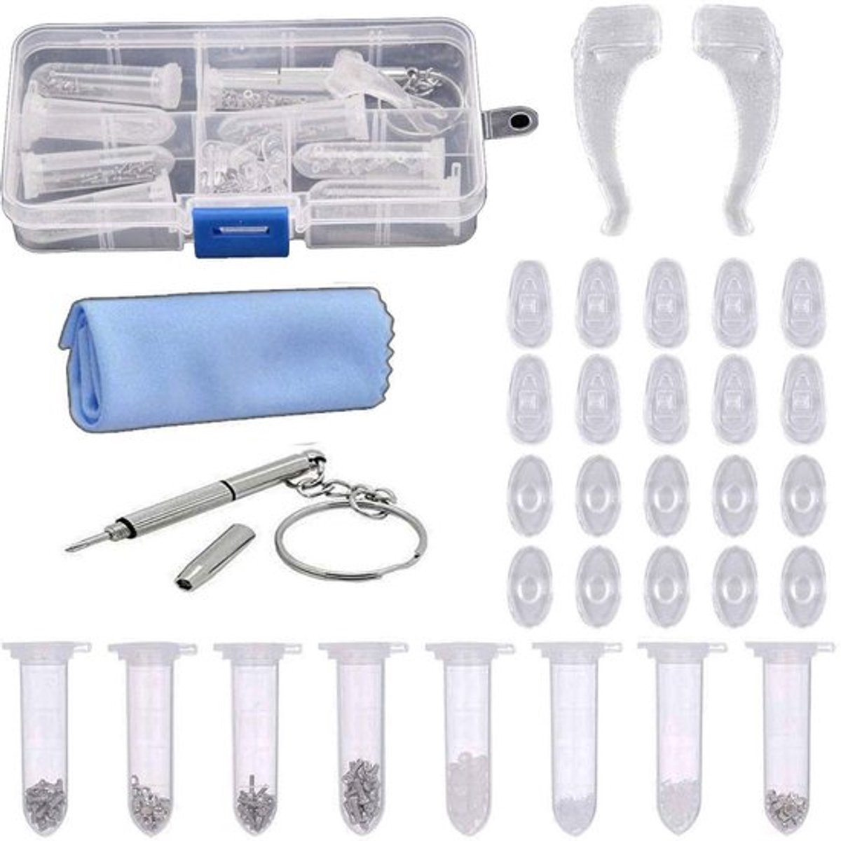 Zonnebril Reparatieset - Schroevenset - Siliconen Neuskussens - Kleine Schroevendraaier - Transparante Schuifdeksel - Lichtgewicht 48 gram - Brillenreparatieset