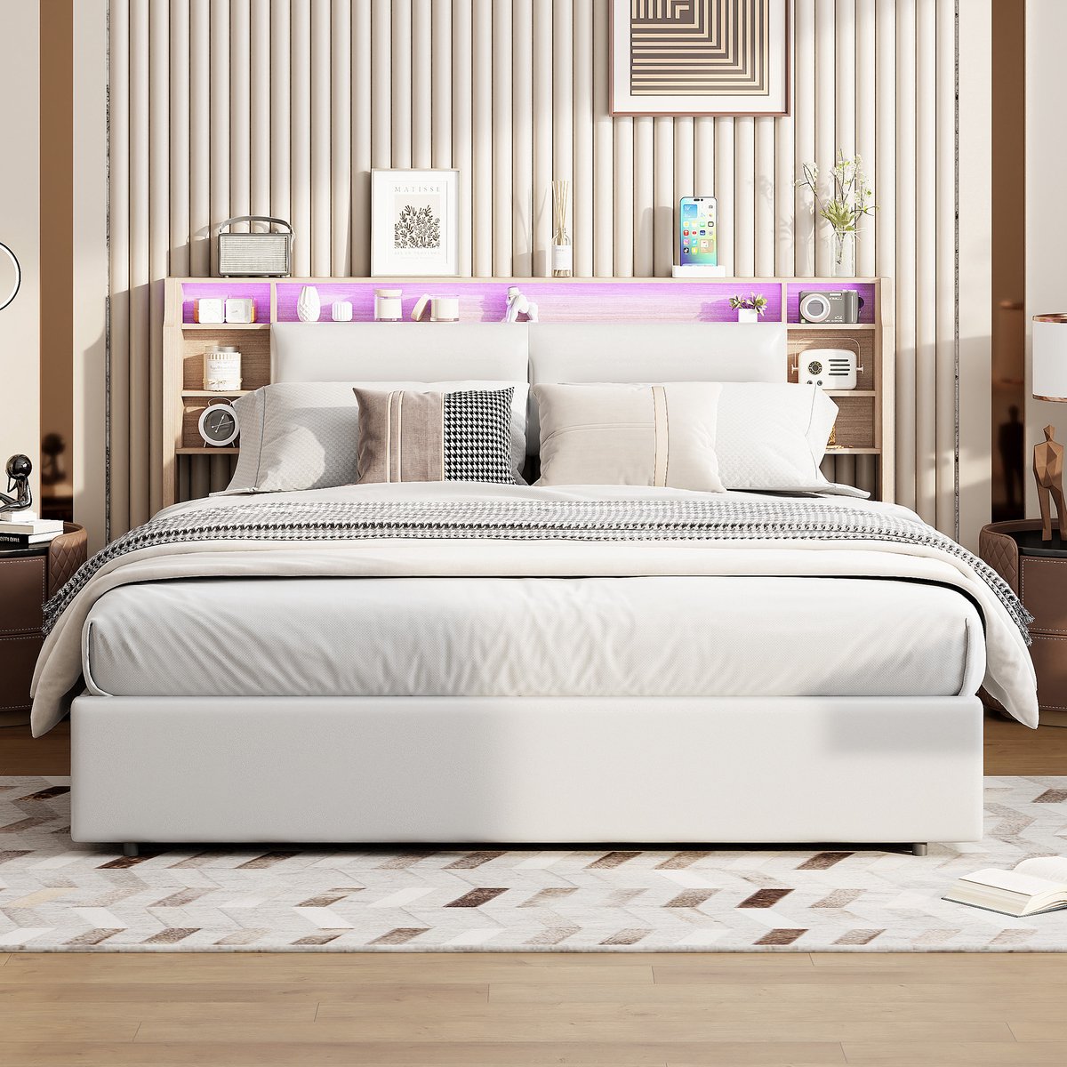Tweepersoonsbed 160x200 cm, volwassen opbergbed met gasveer, led verlichting en opklapbaar hoofdbord, hoofdbord met opbergvakken, pu bedframe wit, zonder matras