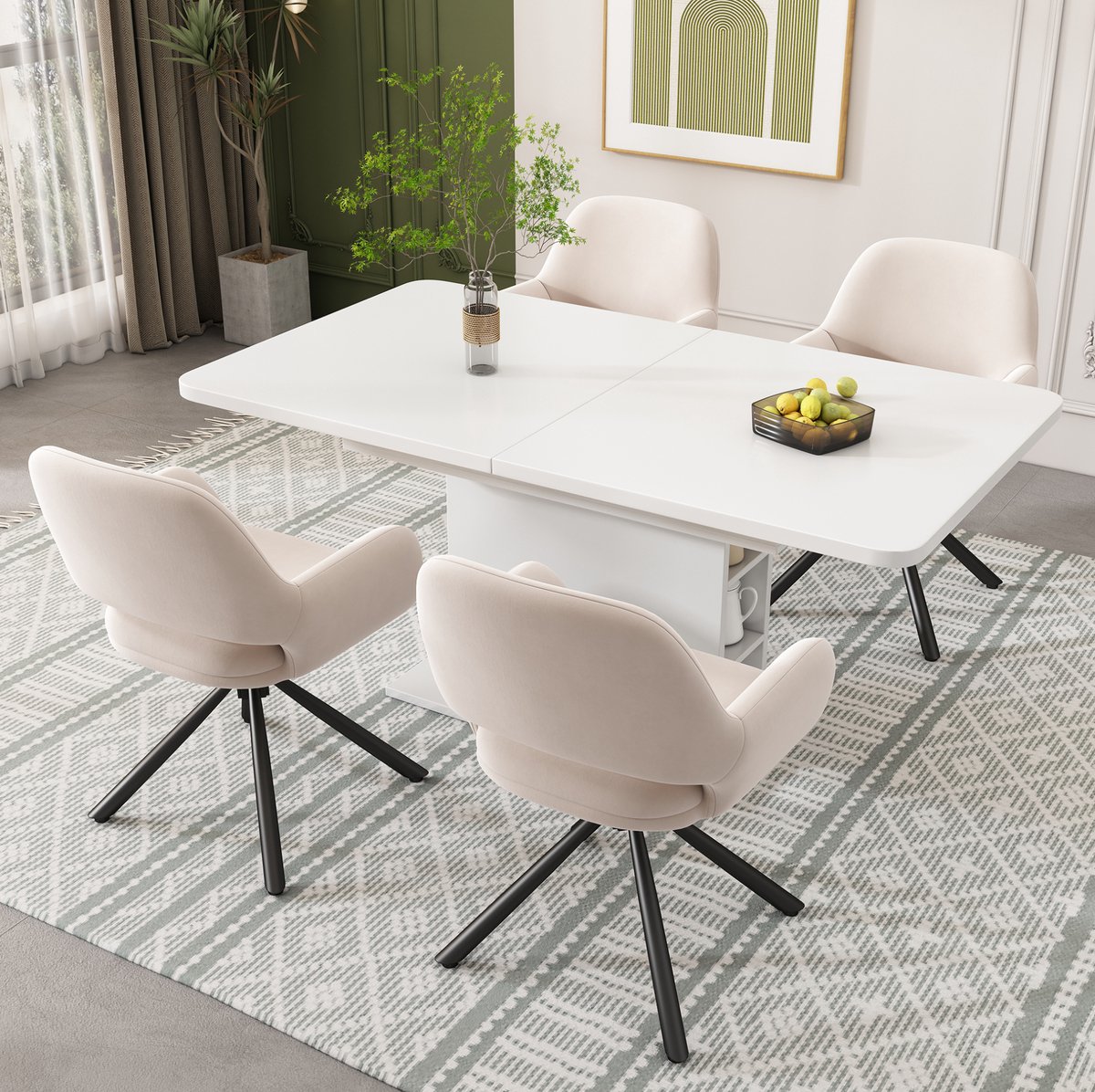 MEUNIQ eettafelset met 4 stoelen, uitbreidbare rechthoekige eettafel met opbergruimte, moderne eetkamer set in wit en beige