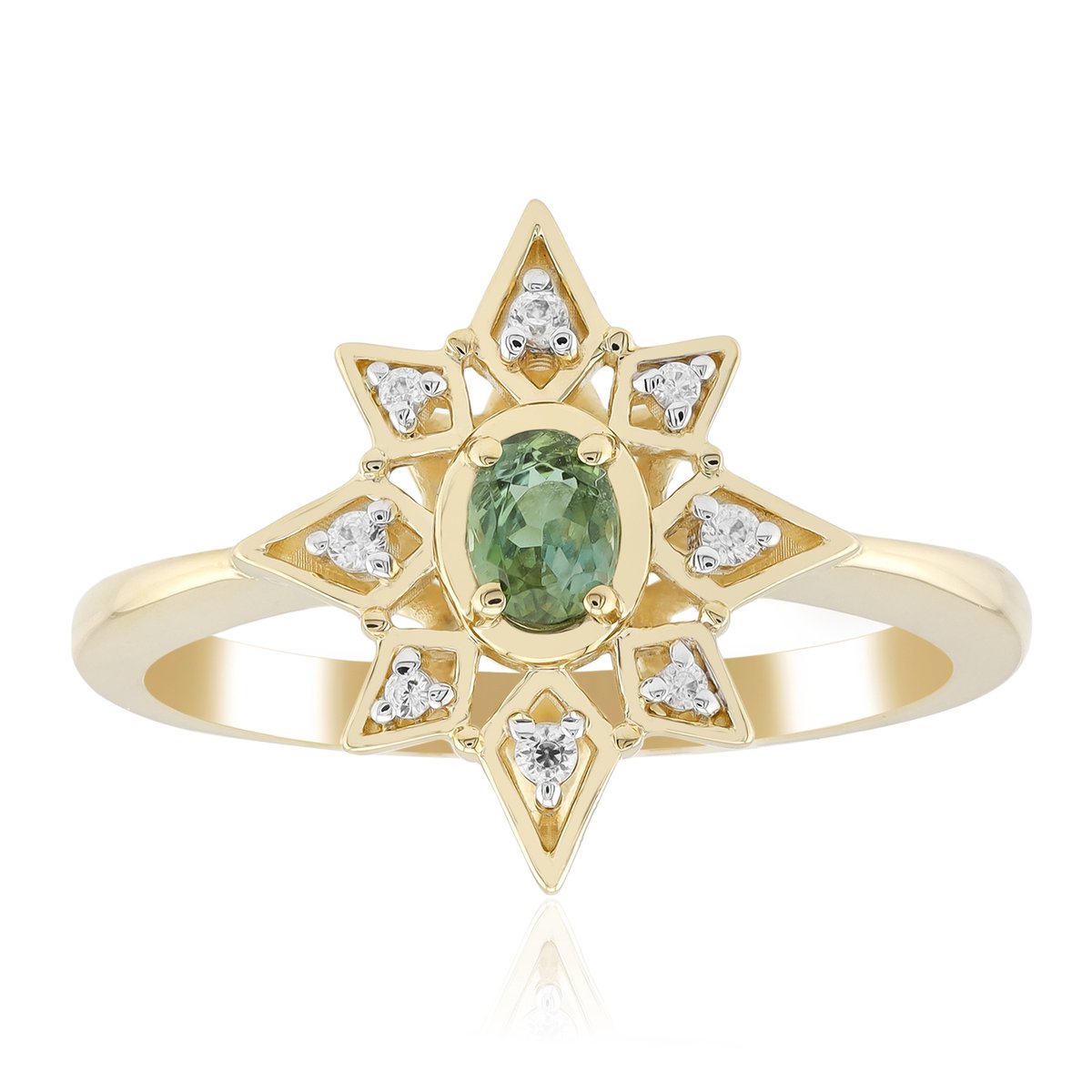 Cavill - Luxe Gouden Ring 9K - Ovale Onverhitte Groene Tanzaniet 0,162 ct - 8 Zirkonia's - Unieke Edelsteen Ring Geelgoud