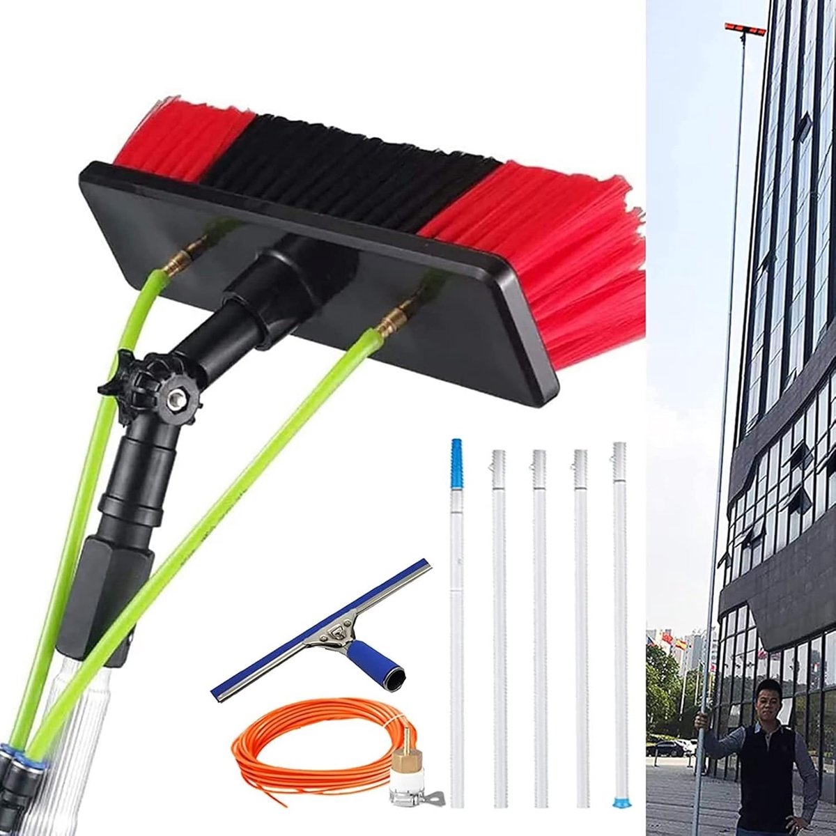 Verstelbare Raamwisser - Telescopische Reiniger - Hoge Oppervlakken Reinigen - Watergevoede Borstel - 30 cm Borstel - Zilver