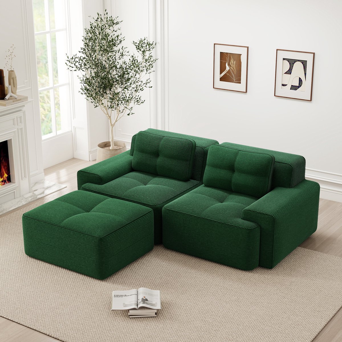 DESMIU Hoekbank 204 x 177 cm - Modulaire Diepe Zit Met Ottoman En Slaapfunctie - Voor Woonkamer - Corduroy - Groen