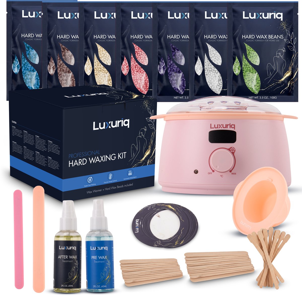 Luxuriq® Professionele Wax Apparaat SET Roze - Siliconen Wax Sticks - Wax Beans Verwarmer - Wax Heater - Ontharing Set - Wax Set - Harsontharing - Waxverwarmer - Inclusief 7 zakjes Hard Wax Bonen + Pre & After Wax - Harsapparaat