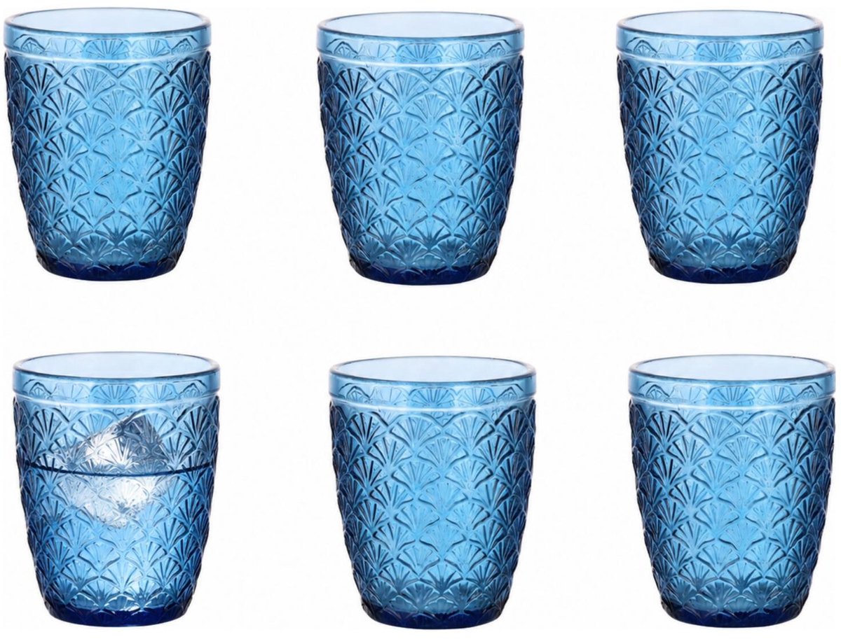 Vivalto Drinkglazen Tropical Shells - waterglazen - blauw transparant - glas - set 6x stuks - 290 ml - stapelbaar