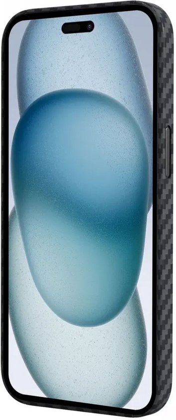 Telefoonhoesje met koolstofvezelpatroon, met een abstract blauw design op het scherm.